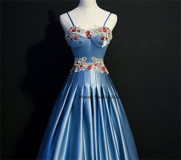 Elegant Flower blue Satin gown Princess blue Prom Dress Women Wedding Dress Prom Dress Party Dress Graduation Dress Birthday Gown