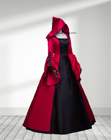 Halloween witch dress with hat burgundy Gothic Vampire dress Vintage Medieval costume dress Court Gown women Cosplay Dress Girl Halloween