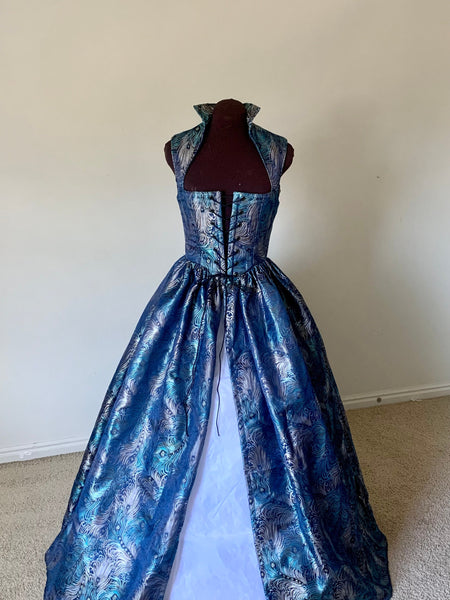 Teal Green Blue Peacock Brocade Dress