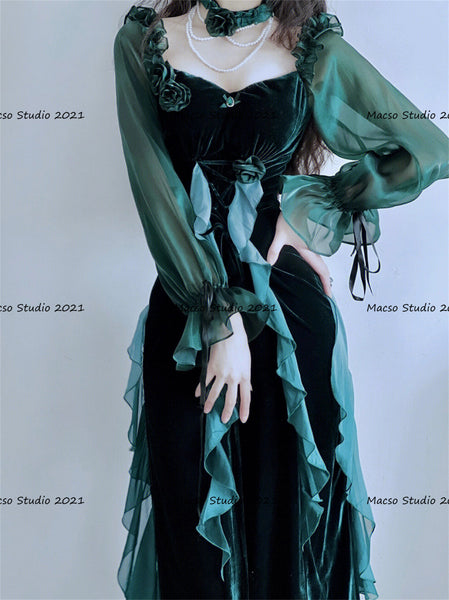 Vintage green velvet dress Mermaid prom dress daily dress Party Birthday Cosplay Dress Halloween party Costume women lolita Dress