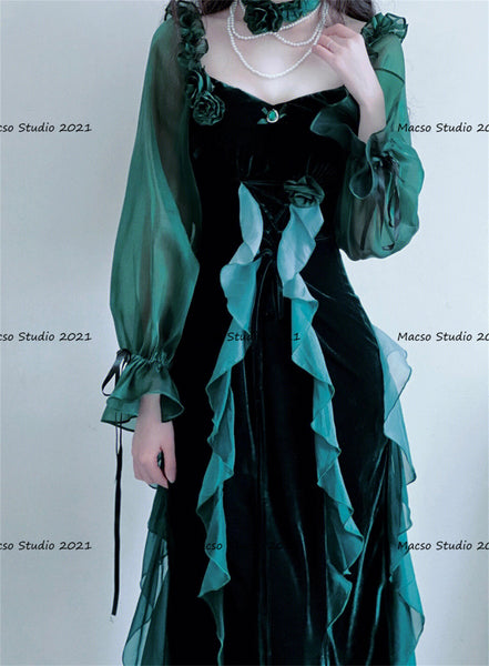 Vintage green velvet dress Mermaid prom dress daily dress Party Birthday Cosplay Dress Halloween party Costume women lolita Dress